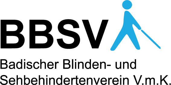 Logo BBSV. In schwarzen, fetten Buchstaben BBSV, daneben ein stilisierter blauer Stockgänger. Darunter als zweizeiliger Fließtext in schwarzer Farbe: Badischer Blinden- und Sehbehindertenverein V.m.K.