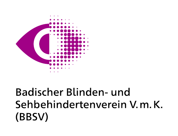 Magenta stilisiertes Auge; rechte Hälfte zerfällt in ein Raster aus unterschiedlich großen Punkten. Rechts daneben steht der Schriftzug „Badischer Blinden- und Sehbehindertenverein V.m.K. (BBSV)“ in schwarz