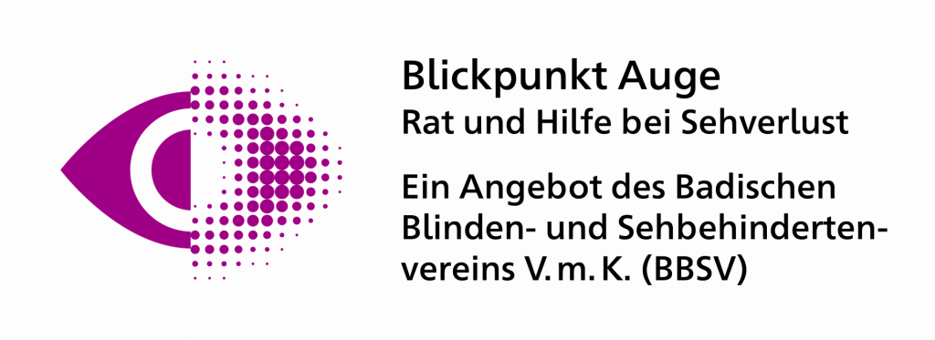 Magenta stilisiertes Auge; rechte Hälfte zerfällt in ein Raster aus unterschiedlich großen Punkten. Rechts daneben steht der Schriftzug „Blickpunkt Auge, Rat und Hilfe bei Sehverlust - Ein Angebot des Badischen Blinden- und Sehbehindertenvereins V. m. K. (BBSV)"